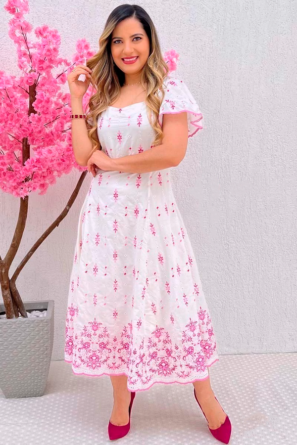 Cotton Lace Midi Dress with Rose Embroidery