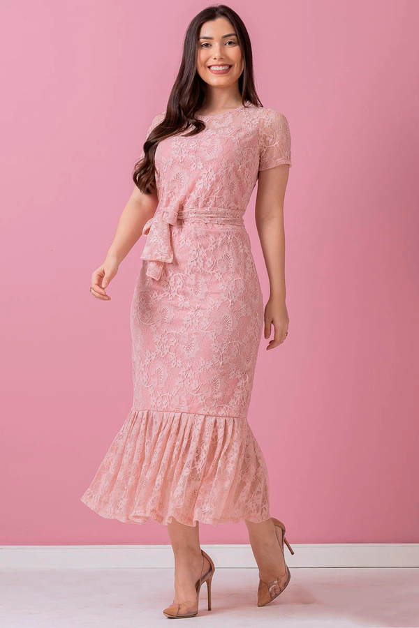Pink Midi Dress in Embroidered Lace