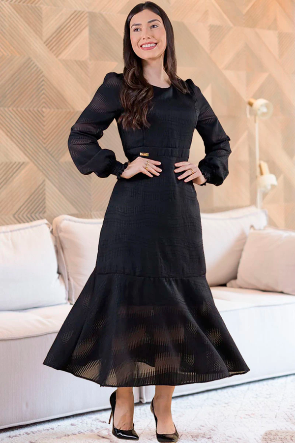 Black Chiffon Long Sleeve Dress with Elastic