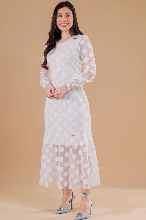 White Tulle Dress with Details at the Waist and Collar