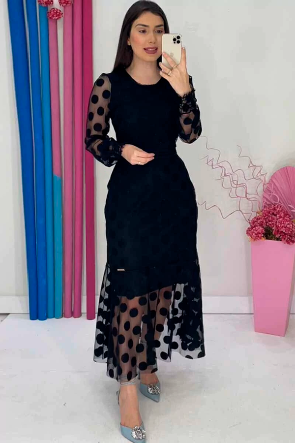 Black Tulle Dress with Guipir Details