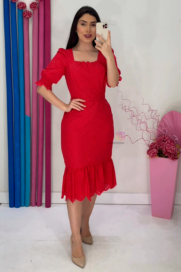 Red Dress in Embroidered Cotton Lace